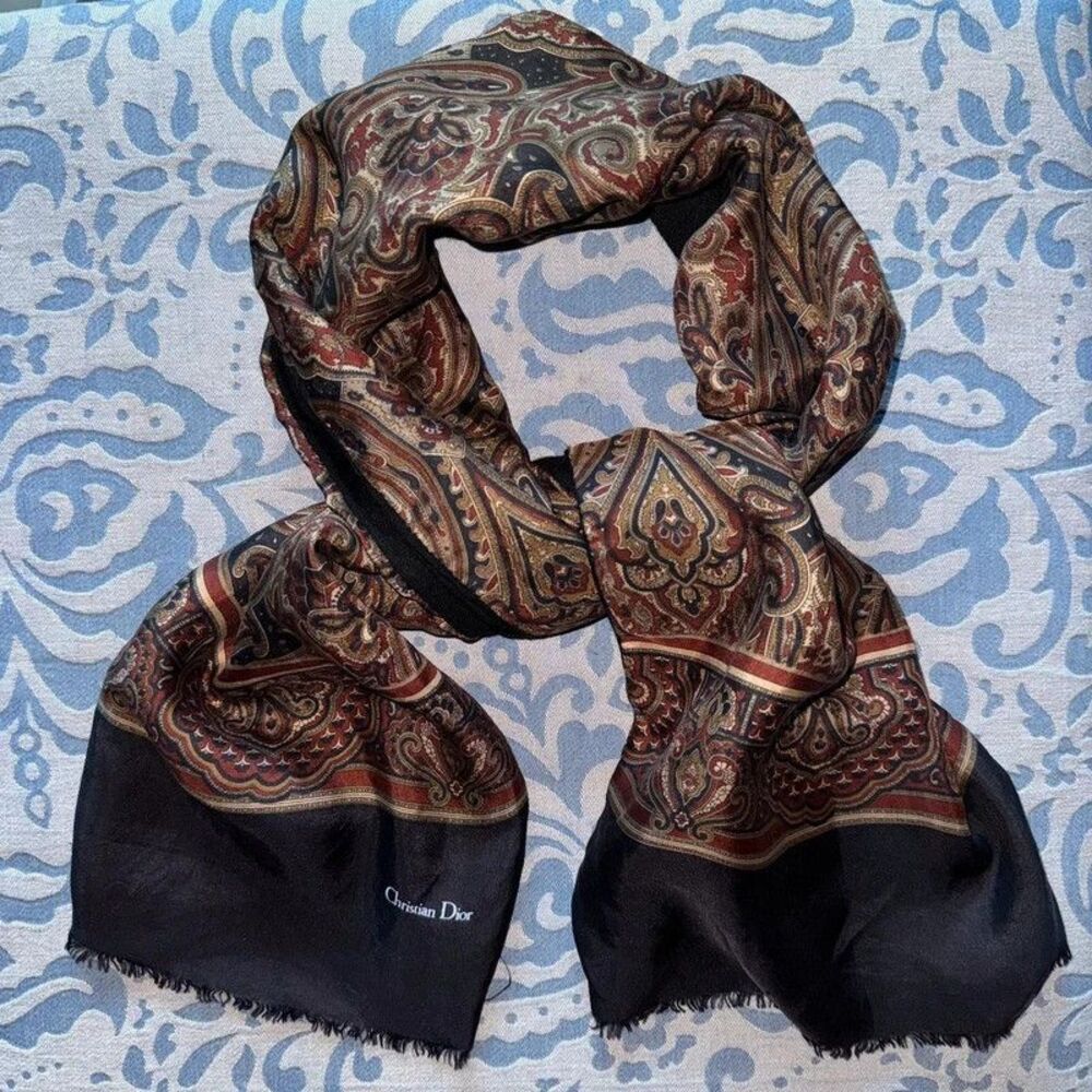 Vintage Christian Dior Monsieur Silk Wool Reversible Paisley Scarf Made in Italy